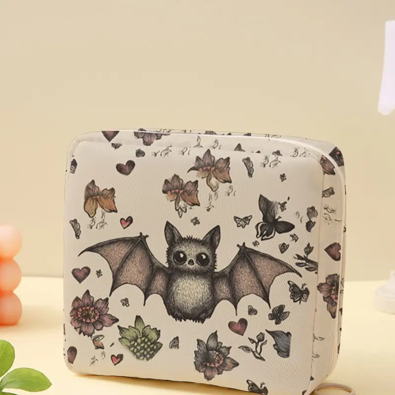 Portable Sanitary Napkin Storage Bag with Bat Pattern, Lightweight Women's Travel Makeup Organizer, Cute All-Seasons Design, Travel Cosmetic Bag, Makeup Pouch, Cosmetic Travel Bags, Travel Essentials