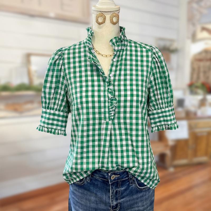 100% Cotton Green/Khaki/Red/Blue Gingham Check Shirt with Ruffle Neckline & Puff Sleeves Medium Length Women's Fashion Top Runs Large