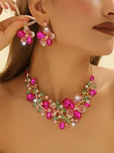 Vintage Alloy Necklace Earring Set, Exaggerated Style, Fashion Jewelry for Women, Retro Design Accessories