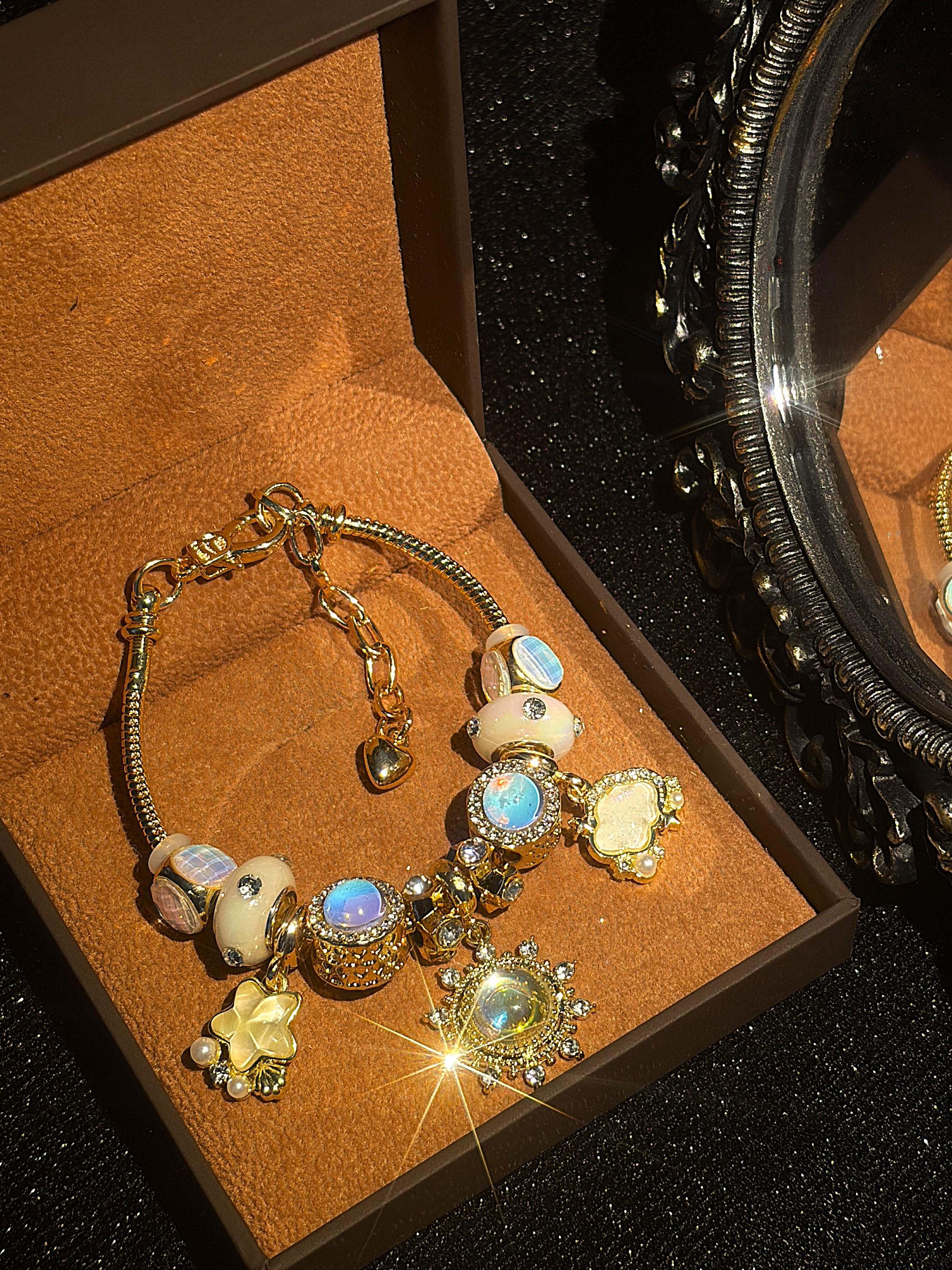 Women's Gold-Tone Beaded Bracelet with Dreamy Moonlight Sun Charm, Iridescent Glass Beads and Star Cloud Dangle Charm