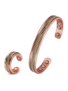 Vintage Copper Ring Bracelet Set, Unisex Adjustable Pure Copper Jewelry, Casual All-Season Fashion Cuff, Graphic Pattern