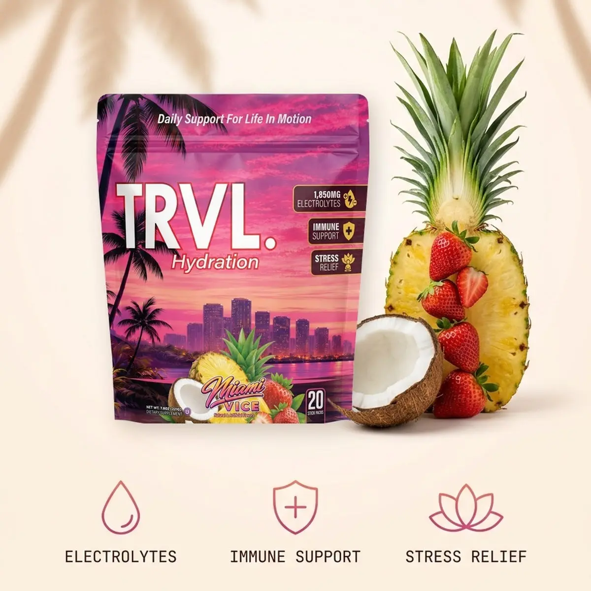 TRVL Miami Vice 3-in-1 Hydration Stick Packs