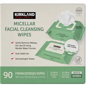 Kirkland Micellar Facial Cleansing & Makeup Remover Wipes Bundle - 90 Total Wipes (2×30 Ct Packs + 2×15 Ct Travel Packs)