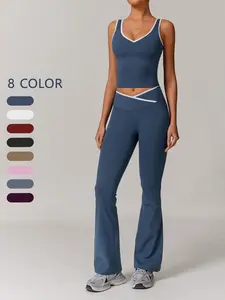 Women's Tank Top & Flare Leg Pants Sportswear Set, Yoga Tracksuit Set, Solid Color Sleeveless Top & Bell Bottom Trousers, Workout Gym Yoga Exercise Clothing Set, Fitness Sport Outfits for Women