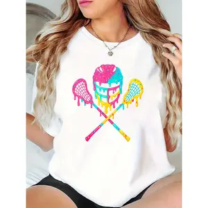 Women's White T-Shirt with Vibrant Dripping Lacrosse Helmet & Crossed Sticks Graphic - Casual Summer Sports Fan Apparel 100% Cotton T-shirt