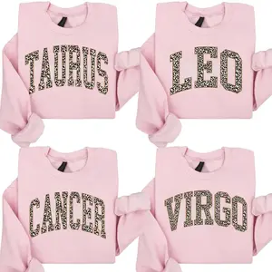 Leopard Print Zodiac Sweatshirt Pink Astrology Sign Crewneck for Women Taurus Leo Cancer Virgo Graphic Pullover Trendy Star Sign Sweater Gift 100% Cotton OEKO-TEX Certified