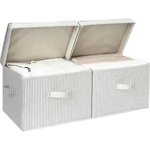 Fabric Storage Bins with Lid, Decorative Storage Boxes for Shelves, Stackable Closet Organizer Basket with Handles, Large, Stripes, 2-Pack
