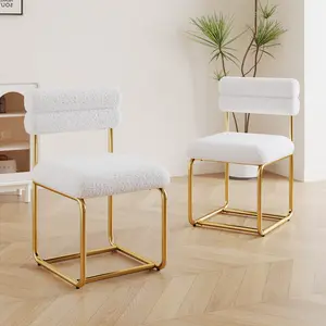 Teddy Fabric Dining Chairs Set of 2 White Plush with Gold Framework Ergonomic Design Easy Assembly for Dining Room Kitchen Living Room