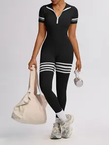Women's Seamless Fashion Colorblock Striped Short Sleeve Athletic Jumpsuit, Waist Cinching Design, Contrast Stripe Zipper Stand Collar, Activewear