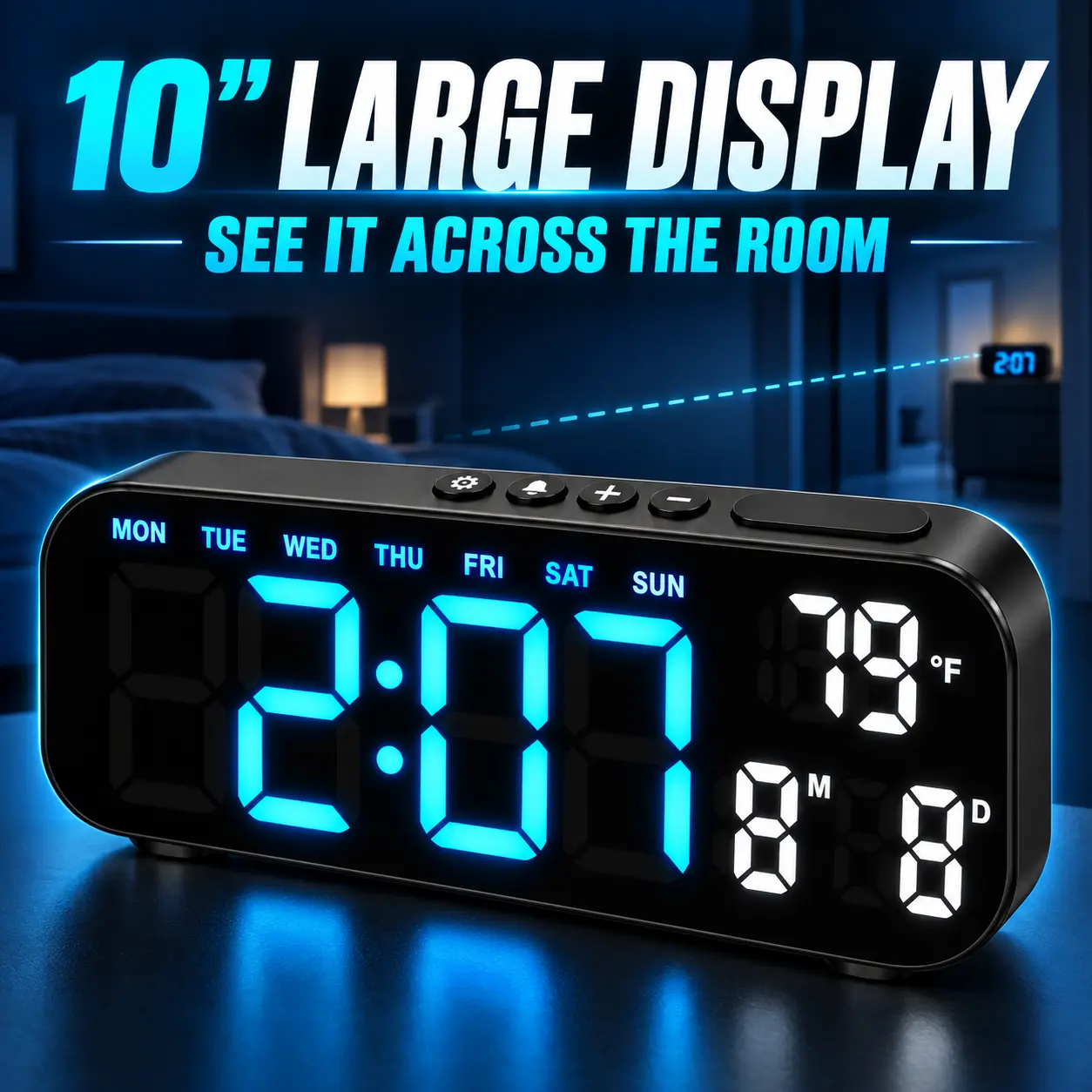TIMESS 10" Large Digital Alarm Clock with RGB Ambient Night Light - Dimmable LED Desk Clock with Dual Alarms, Timer, Temperature & Date Display for Bedroom & Office