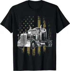 100% Cotton Trucker American Flag Big Rig Semi-Trailer Truck Driver Gift T-Shirt