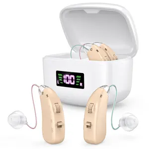 Rechargeable BTE Hearing Aids for Seniors Adjustable Sound Amplifier with Portable Charging Case 34dB Gain 55mAh Battery 24hr Use