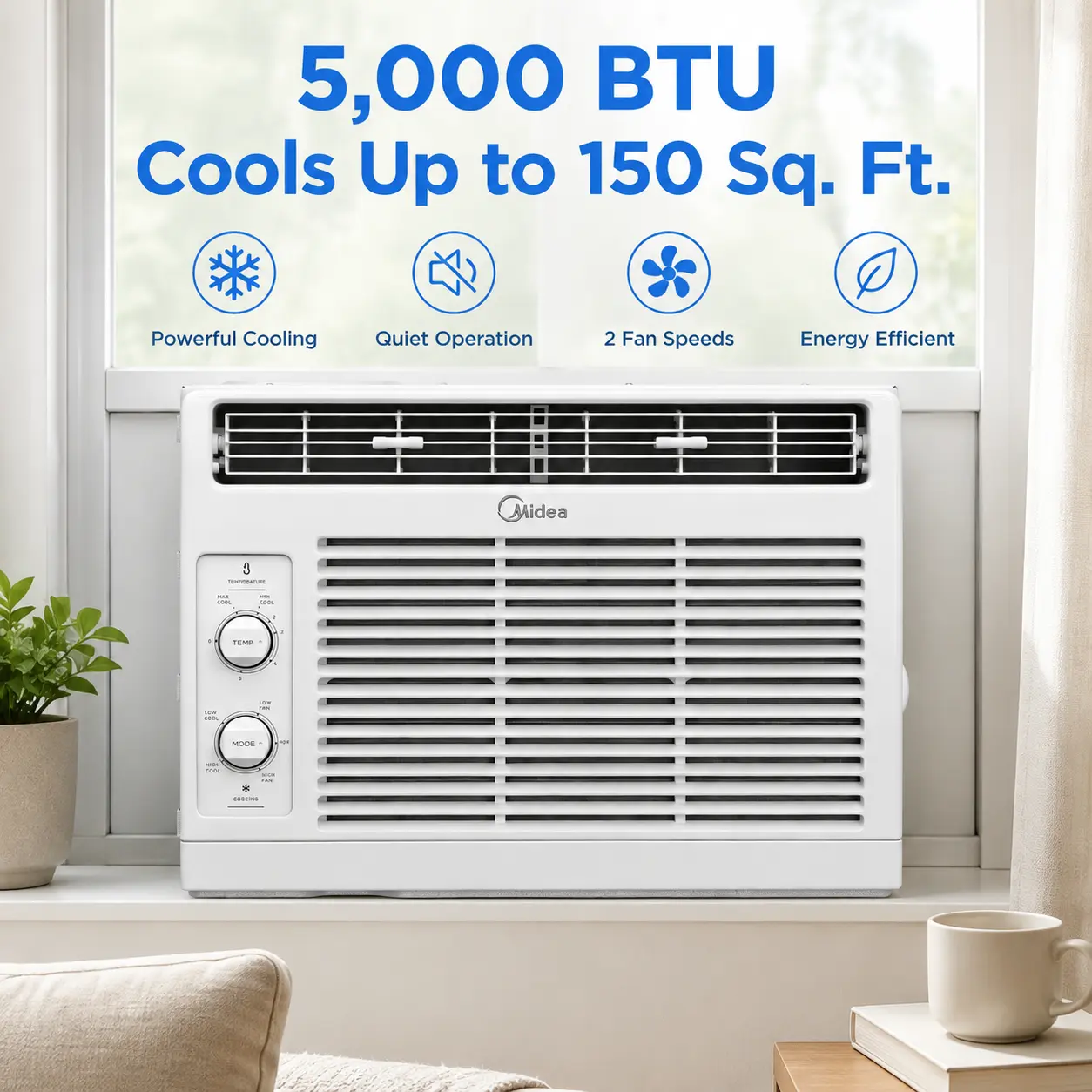 Midea 5000 BTU Window Air Conditioner - Window AC Units, Compact Unit, Energy Saver for Small Rooms, Mechanical Cooling Mode, Quiet Bedroom AC with Washable Filter, Easy DIY Installation, White, Like New