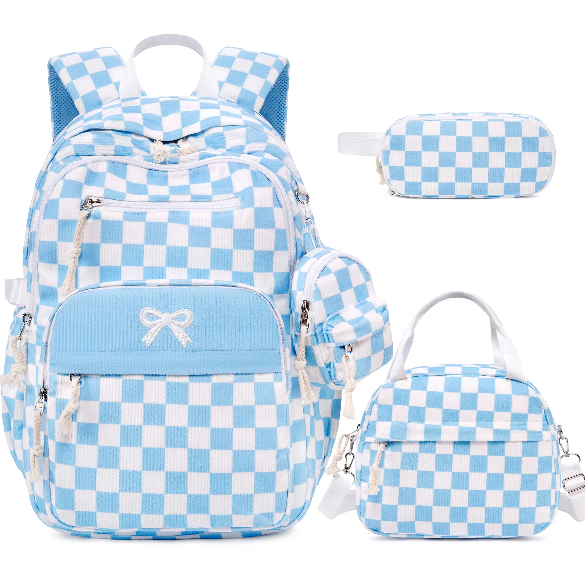 Similove 3PCS Quilted Floral Corduroy Backpack Bundle Set with Lunch Box & Pencil Pouch, School bag for Elementary Middle School,Back to School Gift,Birthday's Gift