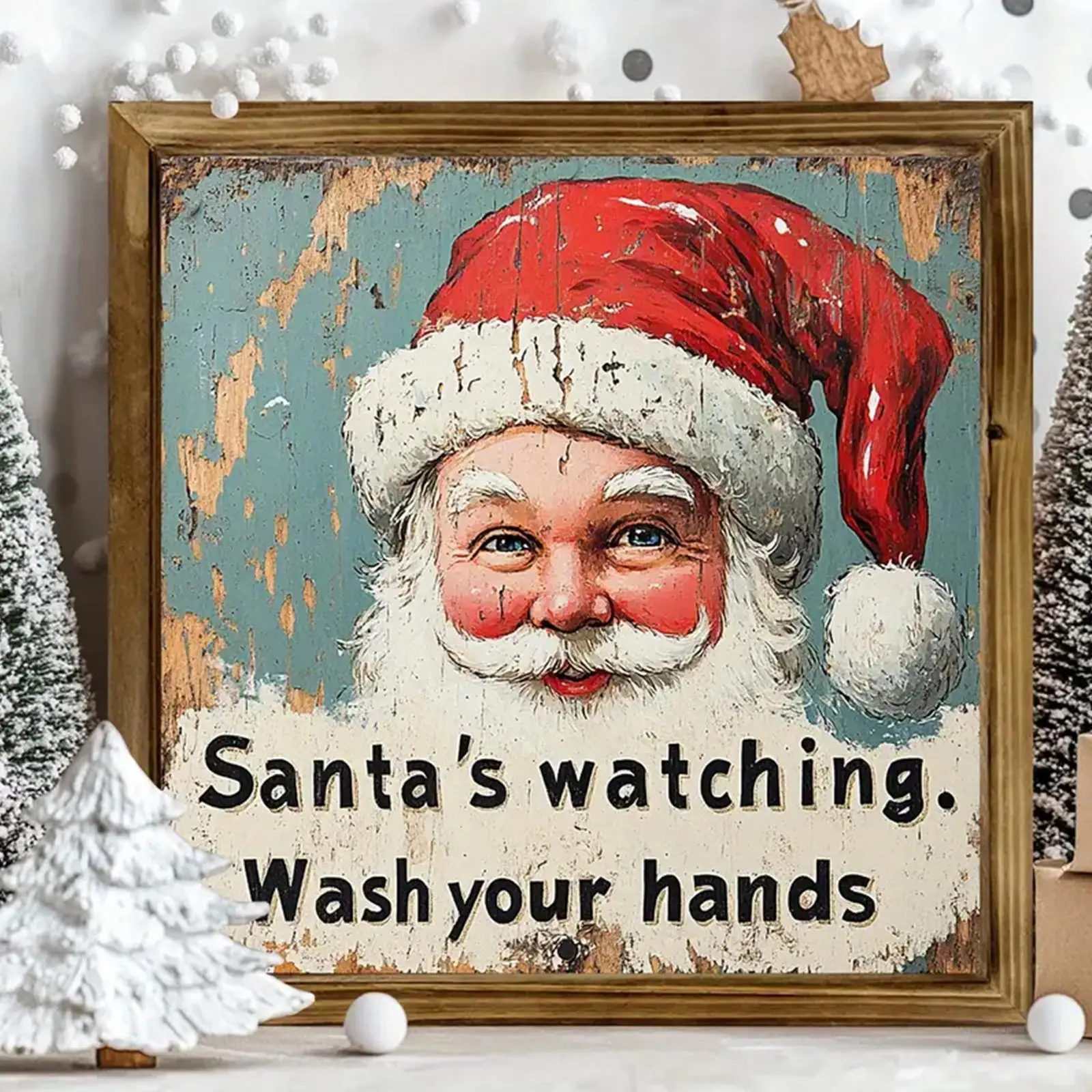 Vintage Santa Claus Pattern Design Wall Art, Christmas Wooden Frame Wall Decor, Wall Hanging Decor for Home Living Room Bedroom, Home Decor, Decoratio
