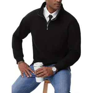 Menswear plain Cotton-Blend Collared Quarter Zip Casual Pullover, Stylish Regular Fit Long Sleeve medium Stretch Thermal Sweatshirt Knit Fabric