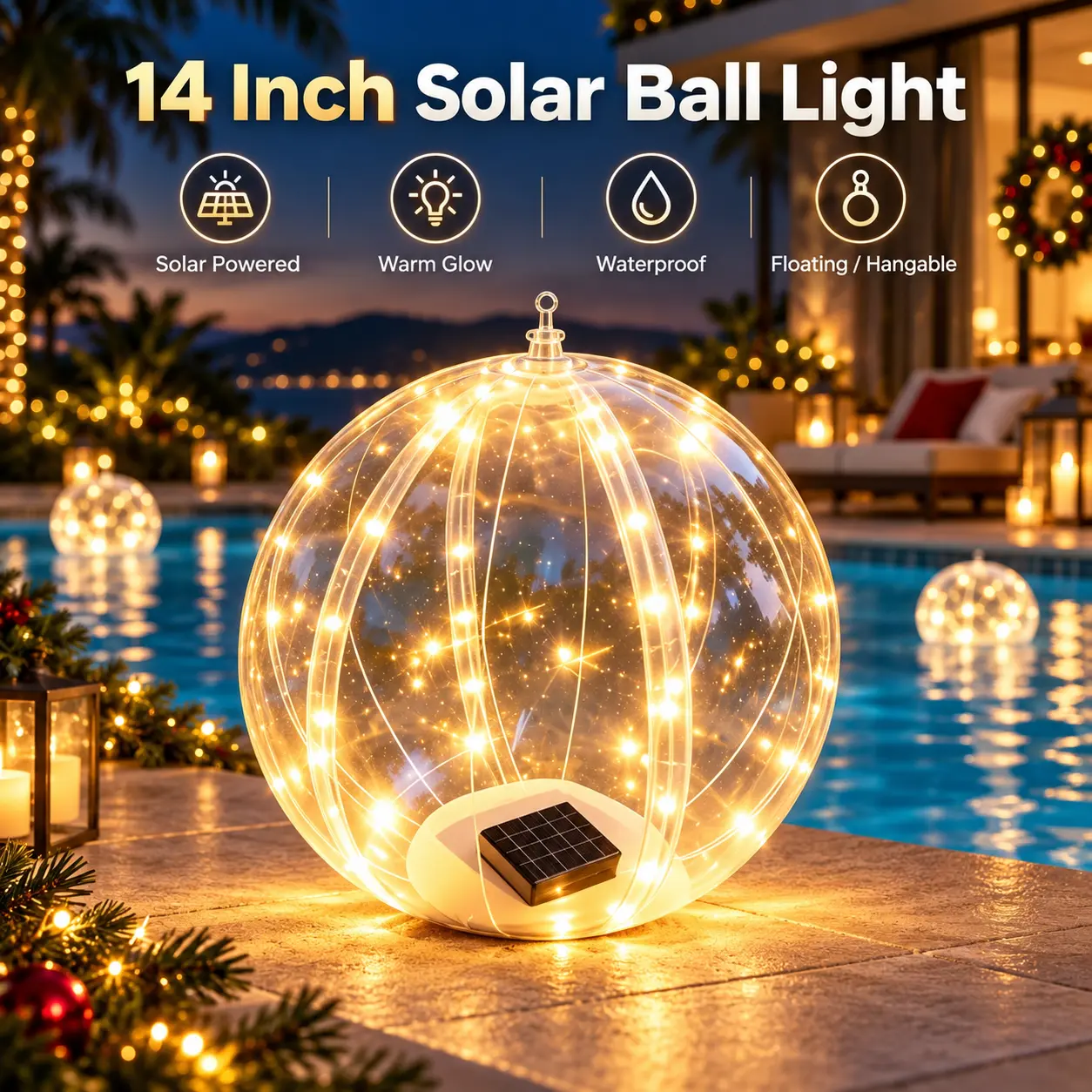 Solar Floating Pool Lights, 14 Inch Inflatable Warm White LED Glow Globe, Waterproof Hangable Ball Light for Pool, Garden & Christmas Decor  ：
