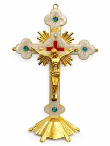 Crucifix 9" Desk - Wall Cross with Stand Base - Gold & White Catholic Cross with Jesus Figure, Blue Stone Accents, Religious Altar Decor, Christian Gift for Home, Church or Prayer Space