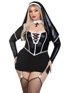 Nun to See Queen Costume - Turtleneck Long-Sleeve Dress with Open Chest & Cross Garter - Perfect for Halloween Parties & Themed Events