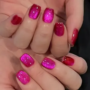 30pcs Dragon Fruit Cat Eye Short Square Nail Stickers, Glue-On False Nails, Women's Acrylic Gel Nails, Artificial Nail Tips