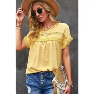 Swiss Dot Decorative Button Short Sleeve Blouse