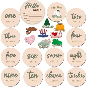 Wedding Goodie Bags Monthly Baby Milestone Maker Discs for Newborn Baby Girl & Boy - "Hello World" Sign & 3D Stickers for 1-12 Months - Eco-Friendly Wood - Perfect Gift for Baby Showers