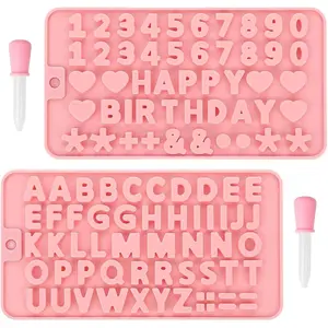 2pcs Number & Letter Silicone Chocolate Molds with 2 Droppers, Happy Birthday Baking Mould for Chocolate Candy Ice Cubes Cake Cookies Decoration