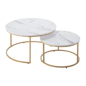 VEVOR Nesting Coffee Table Set of 2, 31.5 in Round Coffee Table, Nesting Tables for Small Place, Vintage End Side Tables Night Stand with Metal Frame, for Living Room, Bedroom, Office (White & Gold)