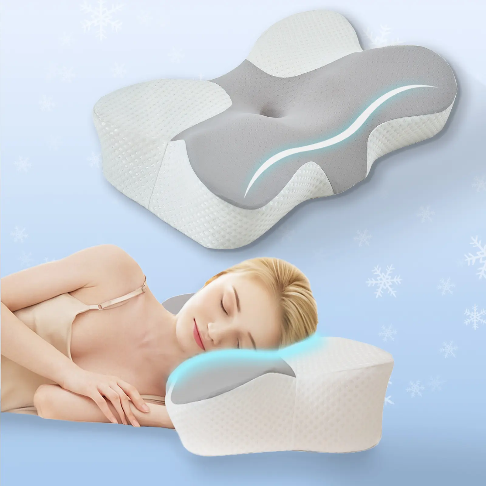 Cooling Memory Foam Pillow Ergonomic Butterfly Cervical Pillow for Neck Pain Relief - Adjustable Height Contour Neck Support Pillow for Side Back Sleepers
