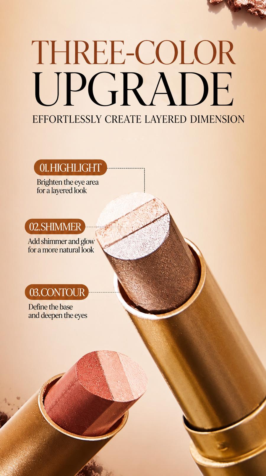 Pack of 4 3-Color Eyeshadow Stick Gradient, Waterproof Long Lasting Creamy Shimmer Eye Shadow, Portable Smudge-Proof Glitter Makeup for Women, Day to Night (Fine Shimmer Brownish Orange)