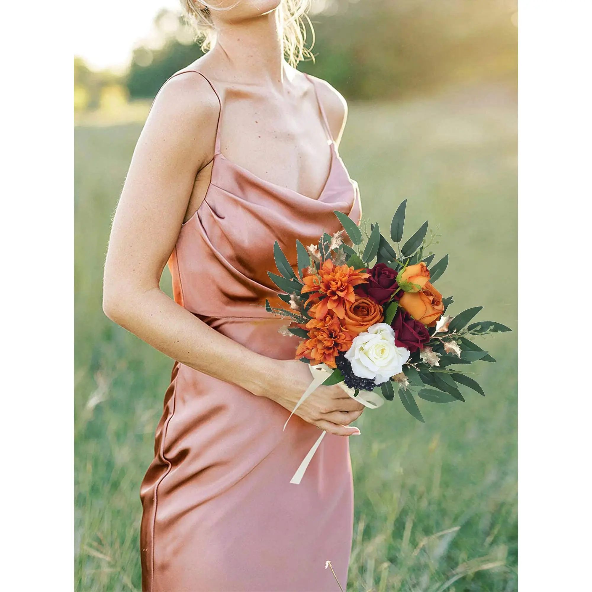 Rinlong 9.3-in Wide Handcrafted Burnt Orange Silk Cream Decorative Flowers Bouquet, Dark Wine-Deep Burgundy Alternative, Romantic Look with Luxurious Greenery, Wedding & Home Festive Decor Ornament