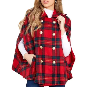 Lannew Womens Plaid Jacket Double Breasted Winter Cape Coats Turn Down Poncho with Pockets