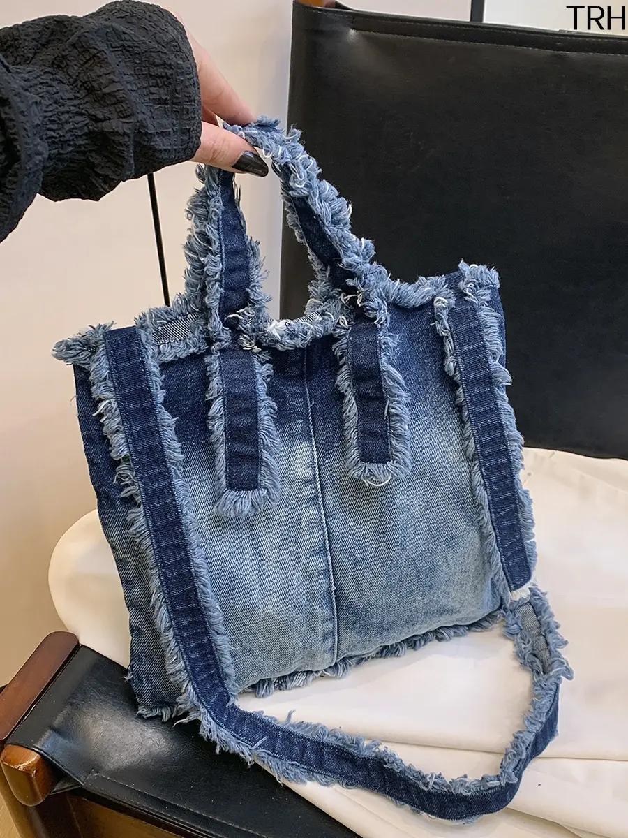 Frayed Denim Tote Bag for Women, Gradient Washed Crossbody Purse, Casual Distressed Shoulder Handbag, Y2K Lazy Style Daily Commuter Handbag