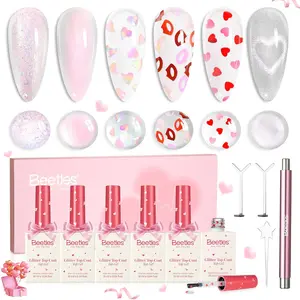 Beetles Valentine's Glitter Gel Top Coat Set, Clear Pink Color High Shine, Drying, Manicure Essentials EasterNail Designs SpringNail VacationNail FestivalNail GraduationNail  newyearnewme valentinesday