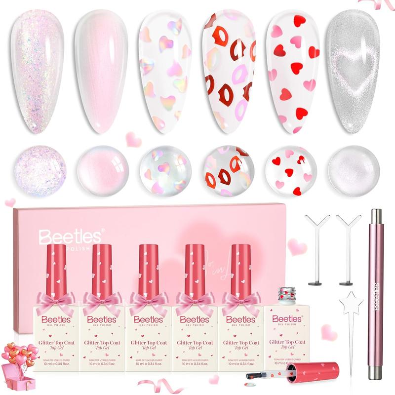 Beetles Valentine's Glitter Gel Top Coat Set, Clear Pink Color High Shine, Drying, Manicure Essentials EasterNail Designs SpringNail VacationNail FestivalNail GraduationNail  newyearnewme valentinesday