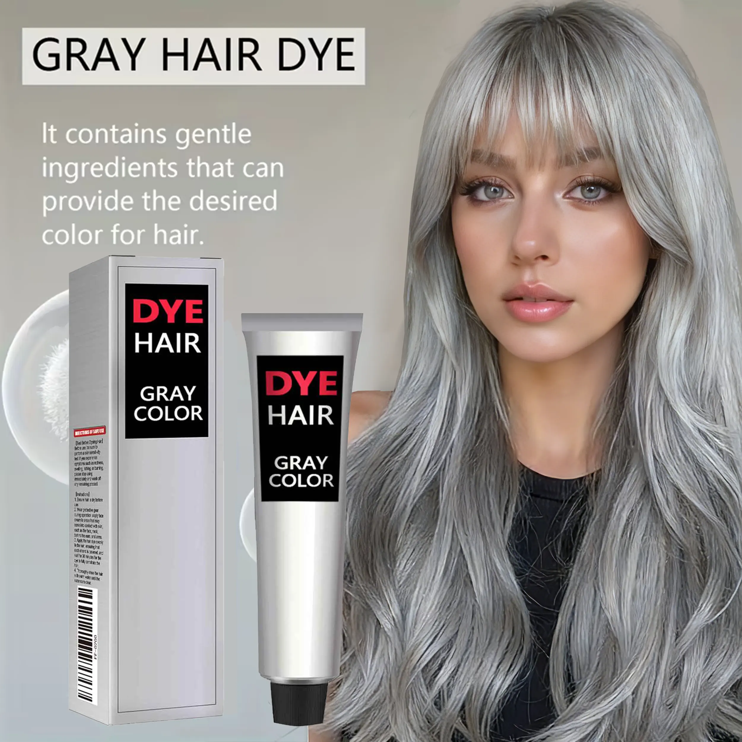 Silver Grey Hair Dye Cream, Instant No Bleach Hair Color with Natural Extracts, Gentle Moisturizing Formula for Men & Women, 3.38 oz, Silver Hair