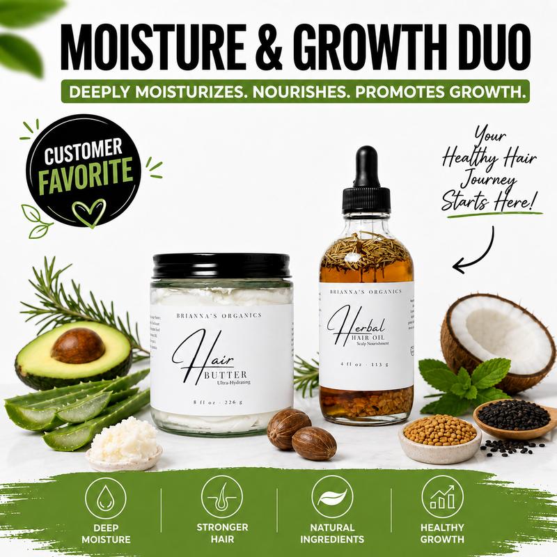 Brianna’s Organics Moisture & Growth Duo - Vegan Clean Haircare Set (Hair Butter + Herbal Oil) for Dry, Curly, Coily, 4C & Normal Hair, Aloe, Coconut, Jojoba, Shea, Olive, Sunflower, Peppermint, Rosemary Hydrate Moisturizer
