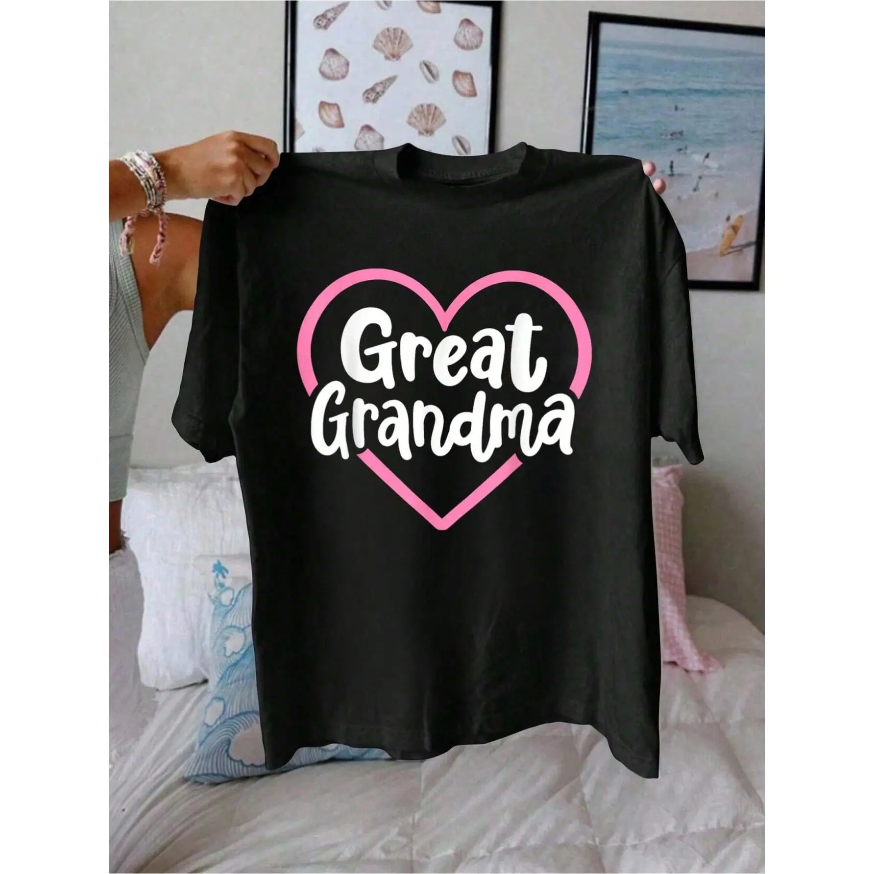 Women's 100% Cotton Short-Sleeve Breathable Flower Graphic Casual T-Shirt, Great Grandma/Great Grandmother Themed Summer Outfit Top, Shortsleeve, Fabric, Knitted, Round Neck, Plant Print, Pure Cotton, Letter Slogan, Tshirt, Loose, Regular Fit, All Seasons