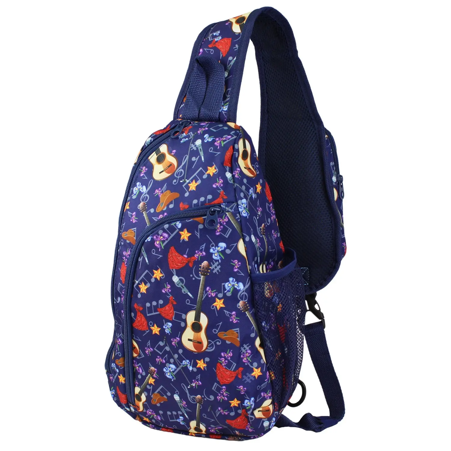World Traveler Guitar 14" Sling Crossbody Backpack Bag - Musical  Irises, Music Print, Sling Strap, Graphic, Cell Phone Pocket, Front Utility Pocket, High-Capacity, Adjustable Strap, Bright, Zipper Closure, Water Bottle Pocket
