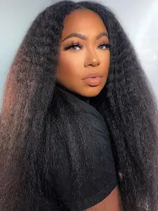 Brazilian Lace Front Wigs Human Hair Kinky Straight Glueless 13x6 Frontal Wig Pre Plucked Coarse Yaki Beginner Friendly For Black Women 200% Density (34 Inch)