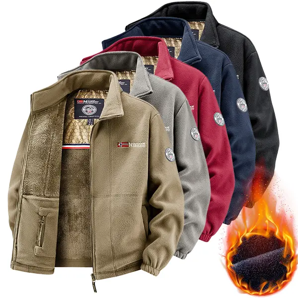 Fall/Winter couples’ double-layer heat-retaining fleece jacket — fleece outer layer with sherpa fleece lining and a stand collar; warm jacket for hiking and commuting