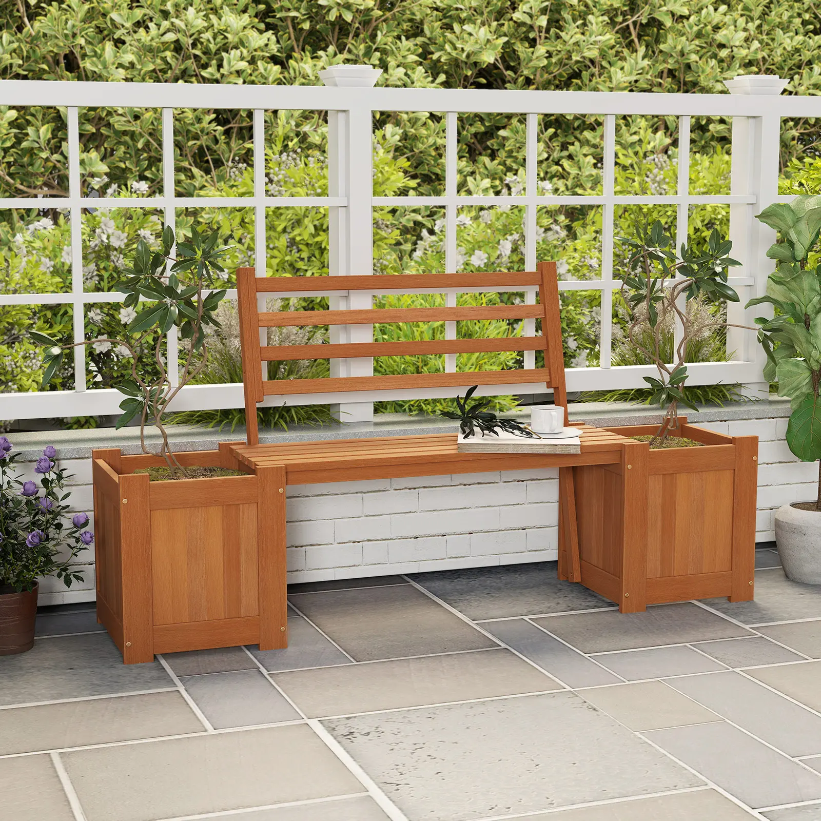 COSTWAY - Wood Planter Box with Bench and Backrest for Garden Yard Balcony