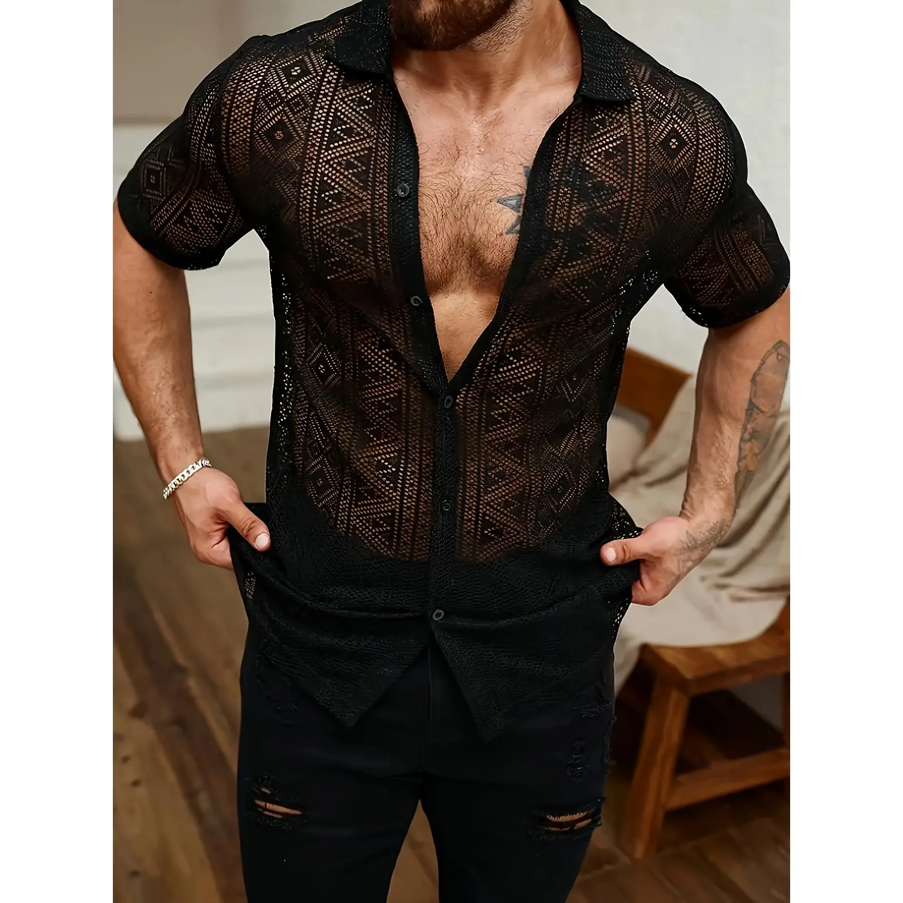 [Men's |   Breathable] Breathable Short Sleeve Shirt - Men's |   3D Embossed Lace Buttons / Loose Fabric with Gravity Effect |   Beach Camping Outfit 2025