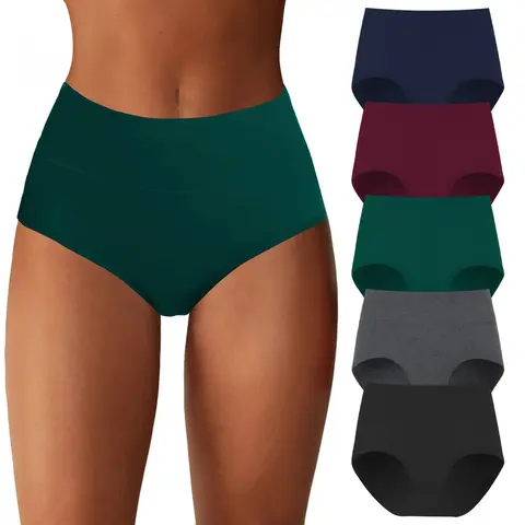 KatchMe Women's Cotton Solid Color High Waist Seamless Skin-Friendly Breathable Panties,5 Pack Double-Layer Stretch Panties,Multipack Underwear(new)