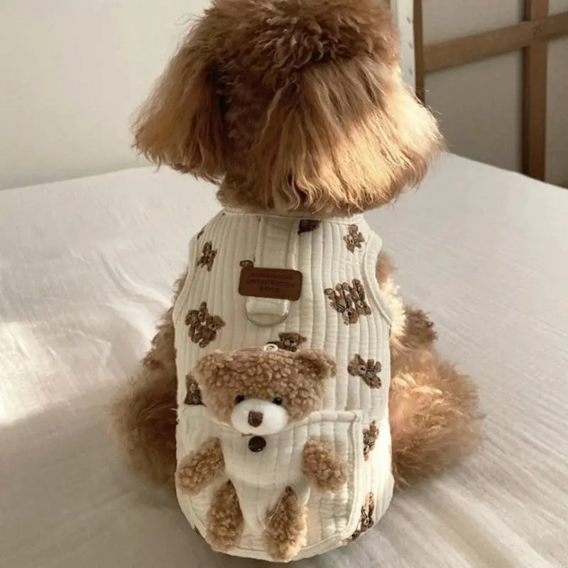 Cute Pet Apparel Plush Bear Pattern Cartoon Dog Clothes All Season Sleeveless Puppy Kitten Pullover Pet Coat Soft Skin-Friendly