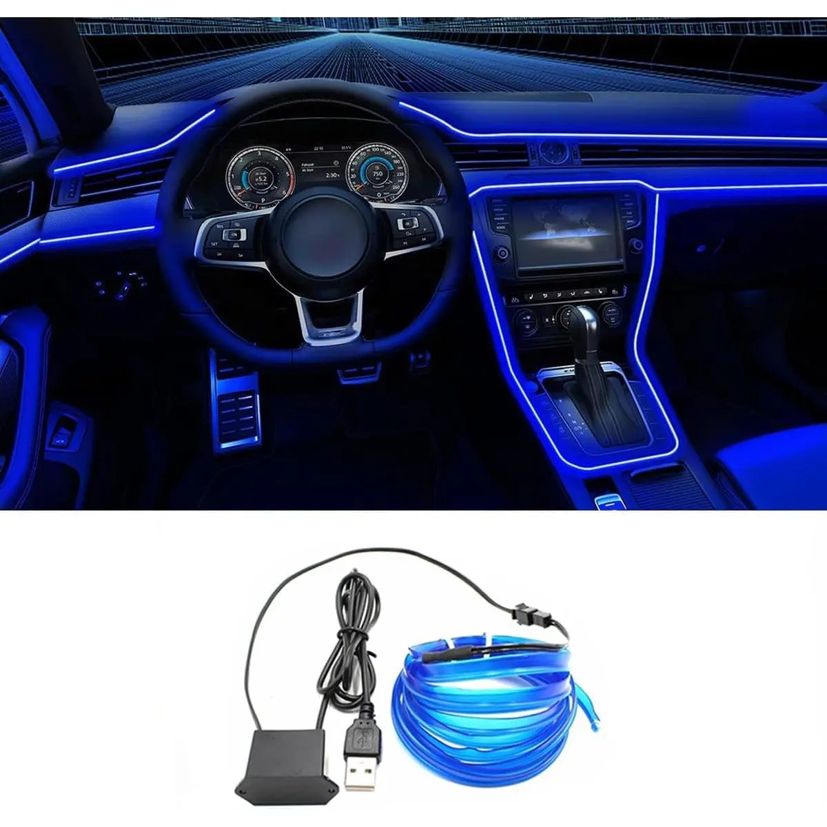 16.5ft Quiet USB-Powered Interior LED Vehicle Strip Lights, 6mm Sewing Edge Neon Rope Lights, Easy-Install Ambient Glow Strobing EL Wire Kit for Car Decor (Blue)