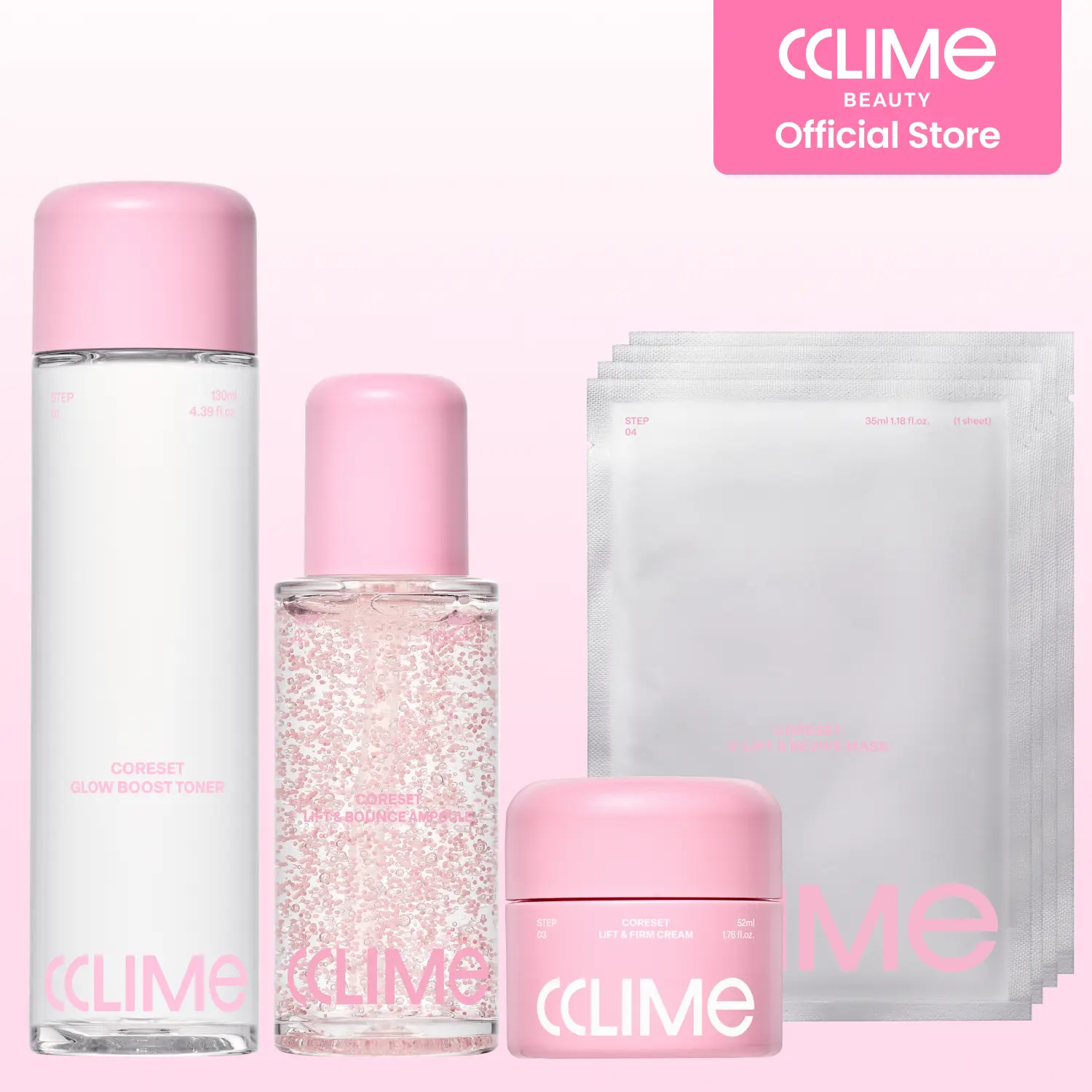 [CCLIME OFFICIAL] CoreSet 4-Step Firming & Glow Routine Set, Toner, Serum, Cream & Dual-Layer Mask for Hydrated, Smooth, Firm-Looking Skin, Korean Skincare