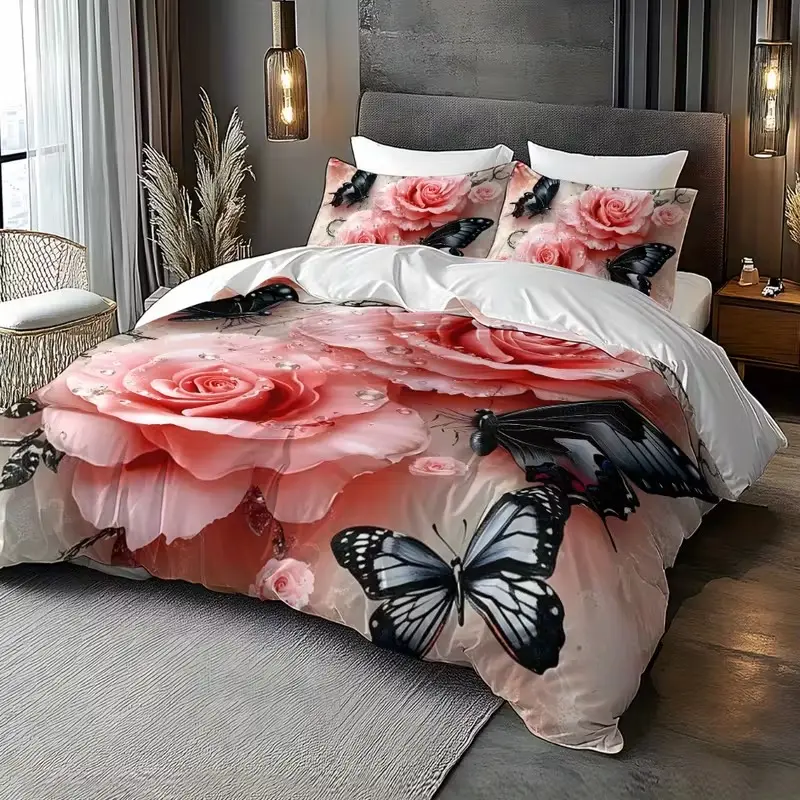 Valentine's Day Theme Duvet Cover Complete Set, Romantic Rose Floral Print, Vibrant Patterns, Bedroom, 1 Fitted Sheet + 2 Pillowcases, Digital Print, All Seasons Bedding, Duvet Cover Sets