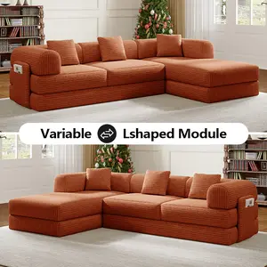 Boneless Sectional Couch, L-Shaped Convertible Modular Couch Bed with Double-Sided Chaise Lounge, Textured Corduroy/Chenille/Plush Velvet Upholstery, Down Blend Deep Seat, Storage Organizer, Pre-Assembled Modern Living Room Furniture