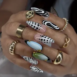 Luxury Zebra Print Press On Nails Long Almond  Handmade Black White Abstract Swirl Polka Dot Cat Eye Nail Art  Glossy Reusable Glue On Acrylic False Nails for Women